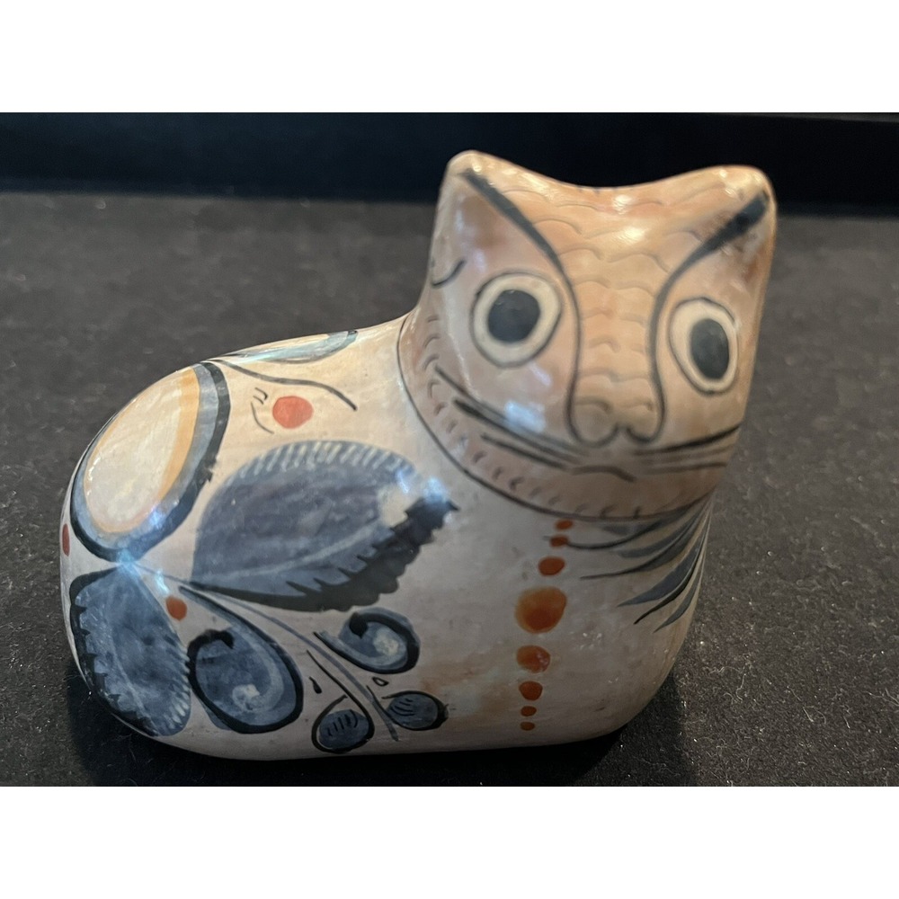 Tonala Cat Sculpture Folk Art Mexican Pottery Flower Design Signed VTG